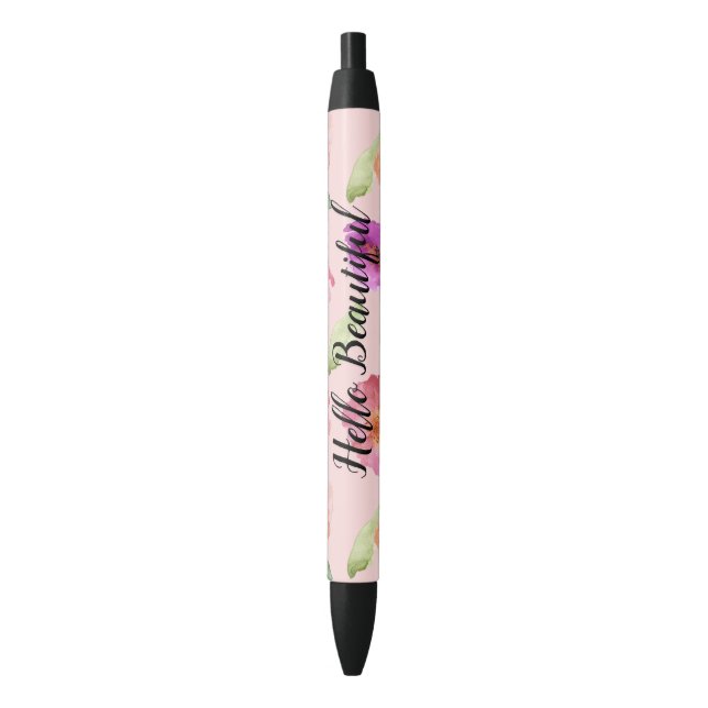 Stylo Noir Fille Rose Aquarelle Fleurs (devant Vertical)