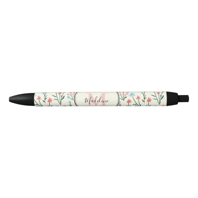 Stylo Noir Fille rose bleu Fleurs Motif Élégant Monogramme (Devant)