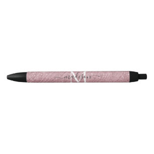Stylo Noir Fille rose Rose Monogramme or Parties scintillant 