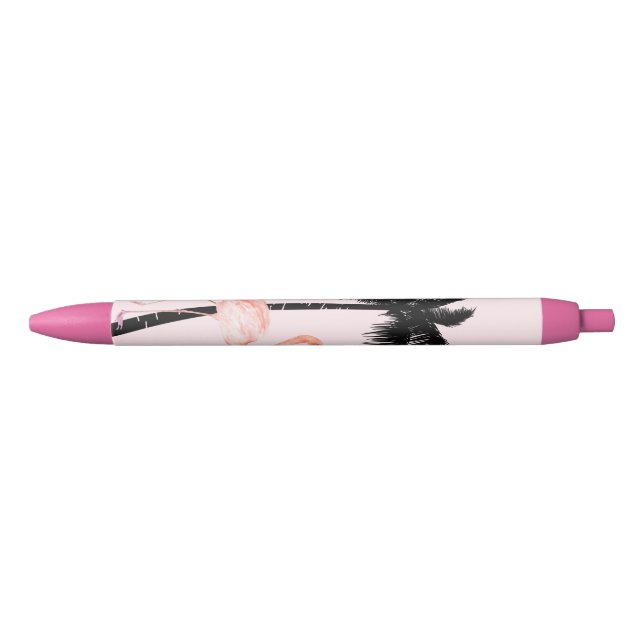 Stylo Noir Flamant rose du palmier tropical (Devant)