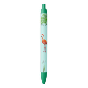 Stylo Noir Flamant rose et feuille de palmier sur fond bleu c