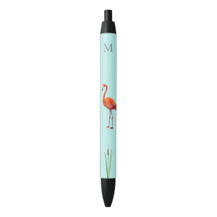 Stylo Noir Flamant rose et monogramme sur fond bleu clair