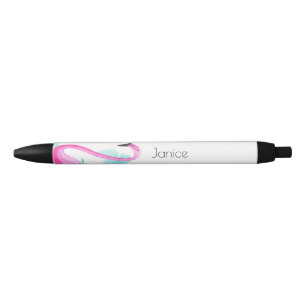 Stylo Noir Flamant rose et palmiers, style de plage