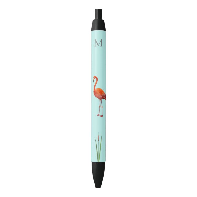 Stylo Noir Flamant rose rose et monogramme sur bleu clair (devant Vertical)