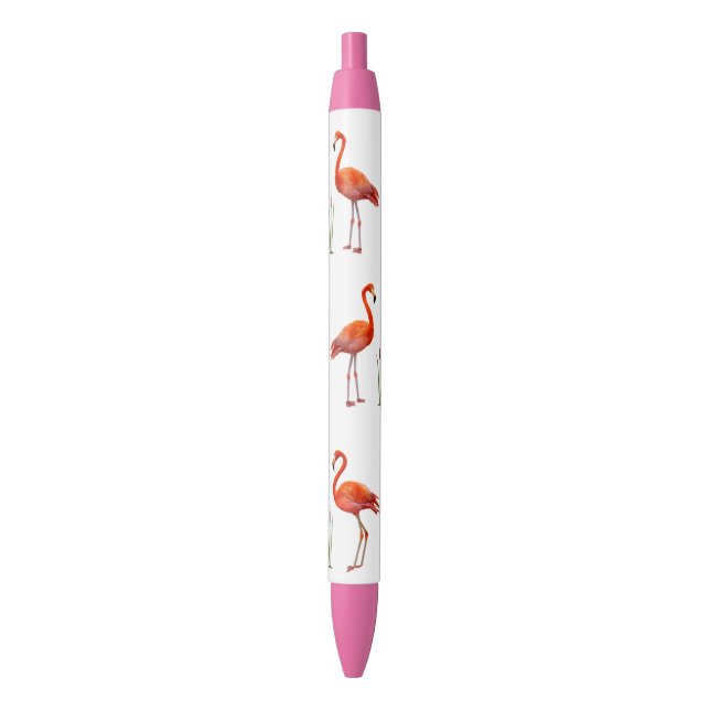 Stylo Noir Flamants roses roses et Plantes roseaux sur blanc (devant Vertical)