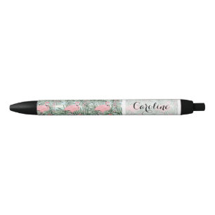 Stylo Noir Flamants roses roses sur mesure Motif de feuilles
