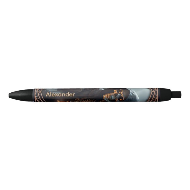 Stylo Noir Flames gothiques, gardienne des dés brûlants. (Devant)