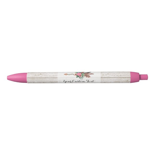 Stylo Noir Flèche en plumes de Bohême & Rose sur bois blanc r (Devant)