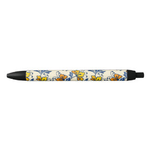 Stylo Noir Fleur Bleue Feuillue de Style Folk Orange Jaune Vi