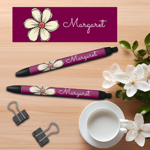 Stylo Noir Fleur de doodle sucrée colorée nom personnalisé
