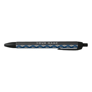 Stylo Noir Fleur de Lis, Beige sur Bleu Nuit, Royal, Votre No