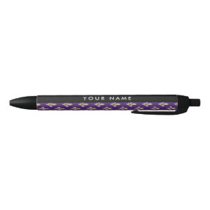 Stylo Noir Fleur de Lis, Beige sur Violet, Royal, Votre Nom