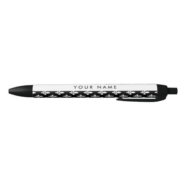 Stylo Noir Fleur de Lis, Blanc sur Noir, Blanc, Votre Nom (Bas)