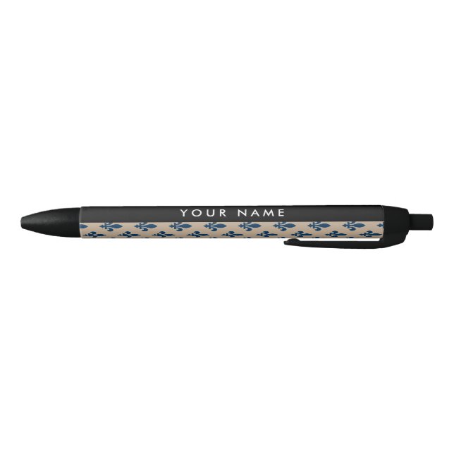 Stylo Noir Fleur de Lis, Navy Blue on Beige, Royal, Your Name (Bas)