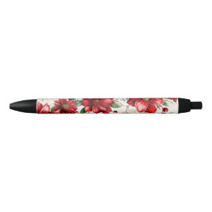 Stylo Noir Fleur de Noël Poinsettia Motif vert rouge