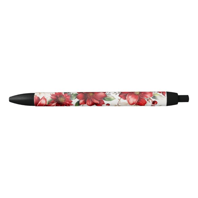 Stylo Noir Fleur de Noël Poinsettia Motif vert rouge (Devant)