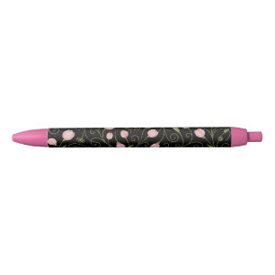 Stylo Noir Fleur mignonne, rose sur noir avec motif répétitif