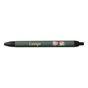 Stylo Noir Fleur rose et feuilles sur vert foncé