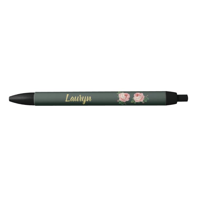 Stylo Noir Fleur rose et feuilles sur vert foncé (Devant)