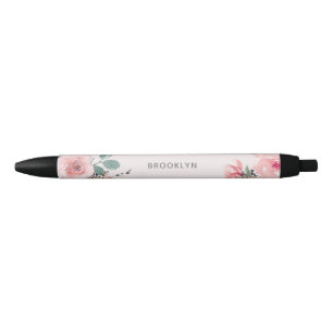 Stylo Noir Fleurs Aquarelle Rose Pâle