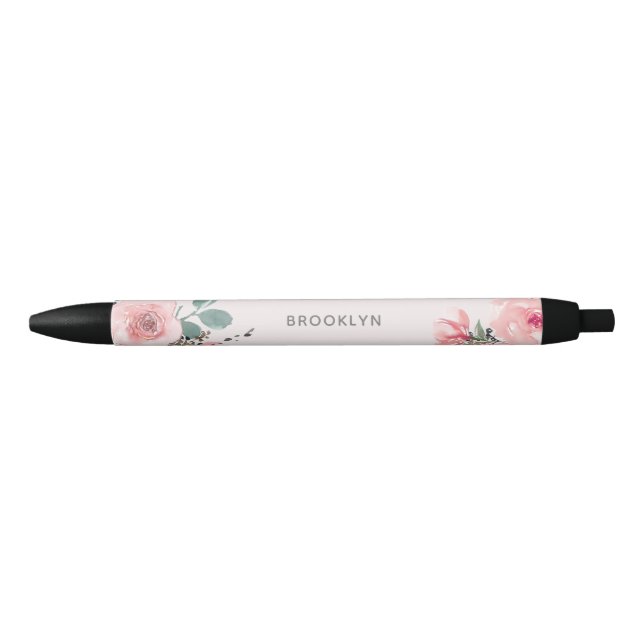 Stylo Noir Fleurs Aquarelle Rose Pâle (Devant)