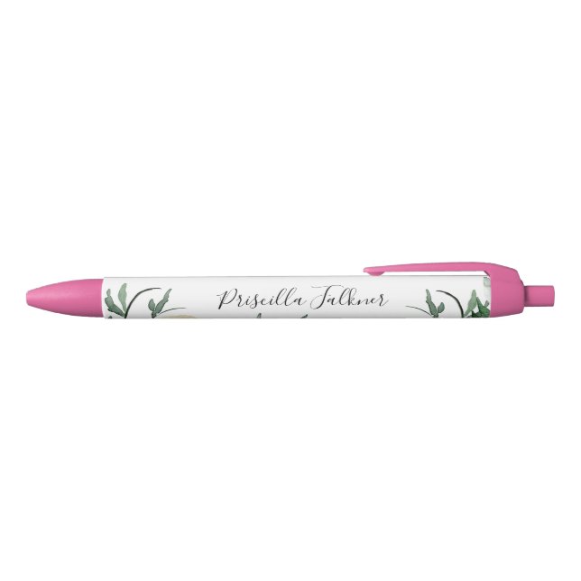 Stylo Noir Fleurs aquarelles pêche avec nom monogramme (Haut)