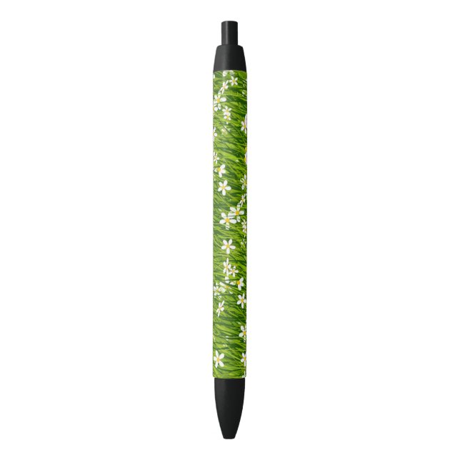 Stylo Noir Fleurs blanches et feuilles de plante (devant Vertical)