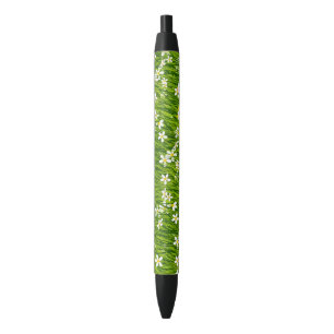 Stylo Noir Fleurs blanches et feuilles de plantes