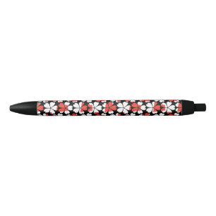 Stylo Noir Fleurs blanches rouges mignons motif