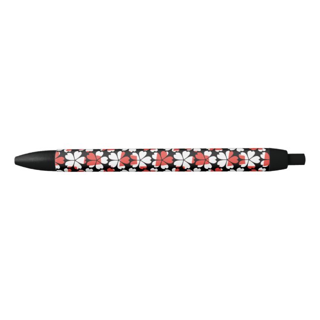 Stylo Noir Fleurs blanches rouges mignons motif (Devant)