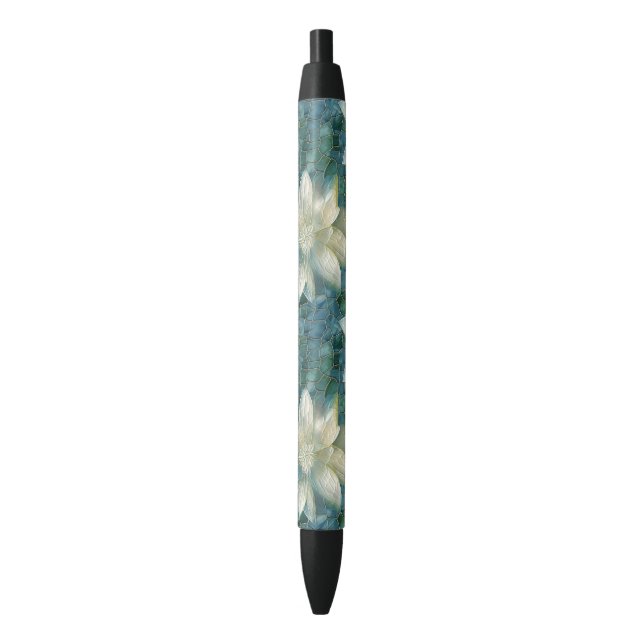 Stylo Noir Fleurs bleues et blanches (devant Vertical)