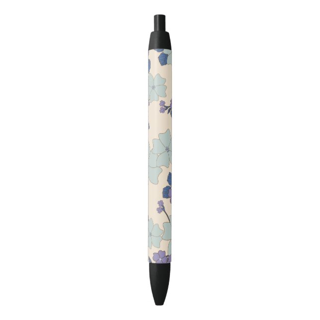 Stylo Noir Fleurs Bleues, Fleurs Violettes, Motif Floral (devant Vertical)
