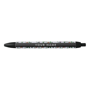 Stylo Noir Fleurs colorées, Arrière - plan bleu, Noir