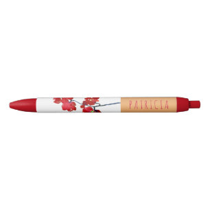 Stylo Noir Fleurs d'aquarelle rouge avec étiquette en cuivre