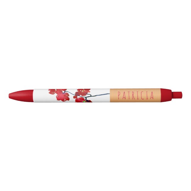 Stylo Noir Fleurs d'aquarelle rouge avec étiquette en cuivre  (Devant)