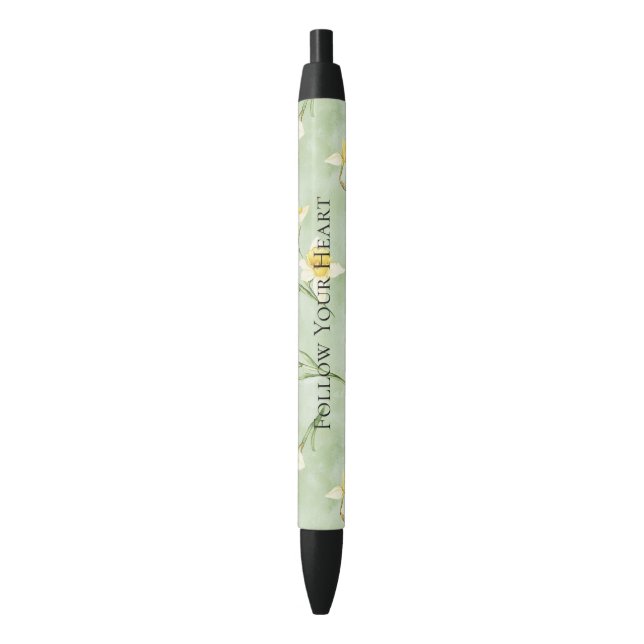 Stylo Noir Fleurs de jonquille jaune vert menthe (devant Vertical)