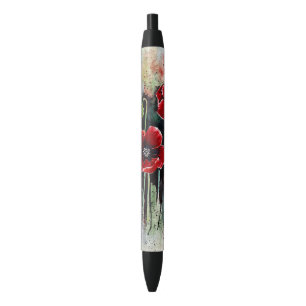 Stylo Noir Fleurs De Pavot En Aquarelle