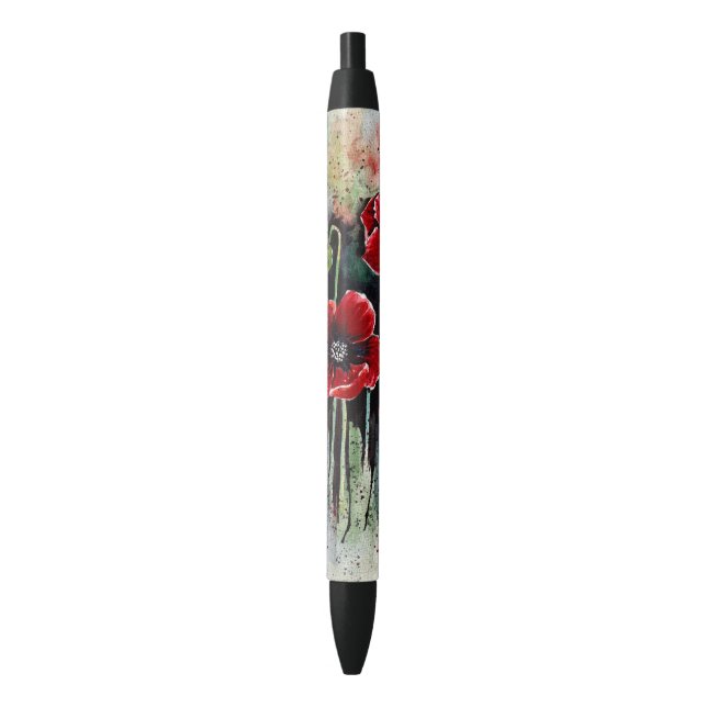Stylo Noir Fleurs De Pavot En Aquarelle (devant Vertical)