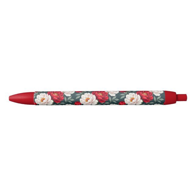 Stylo Noir Fleurs de pivoine rouges et blanches  (Devant)