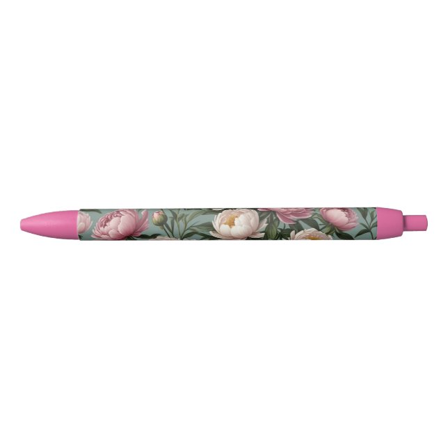 Stylo Noir Fleurs de pivoines roses et blanches (Devant)