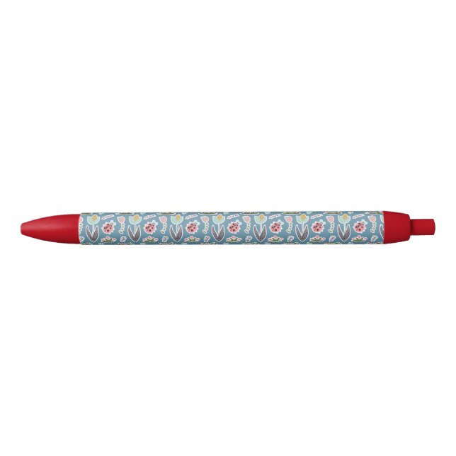 Stylo Noir Fleurs de printemps et Motif de coccinelle (Devant)