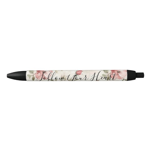 Stylo Noir Fleurs de roses roses  (Devant)