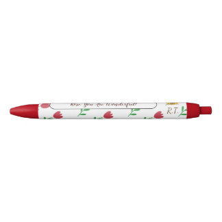 Stylo Noir Fleurs de tulipe rouge Motif Monogramme Initiales