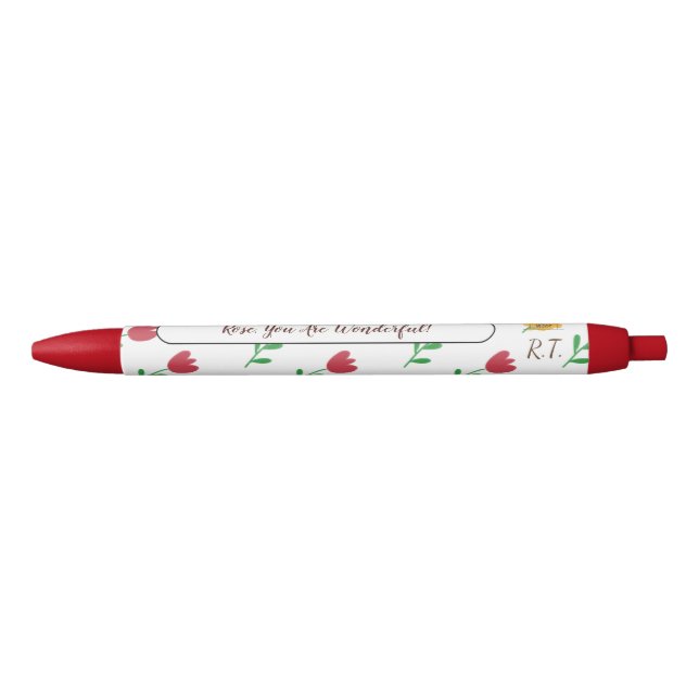 Stylo Noir Fleurs de tulipe rouge Motif Monogramme Initiales  (Devant)