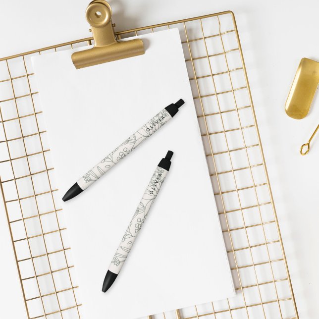 Stylo Noir Fleurs d'herbes de sauge vert moderne motif boho (Créateur téléchargé)