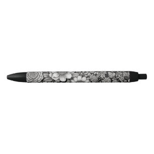 Stylo Noir Fleurs et feuilles noirs et blancs