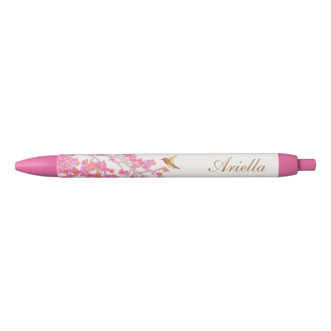 Stylo Noir Fleurs florales roses mignonnes Fille Nom personna (Devant)