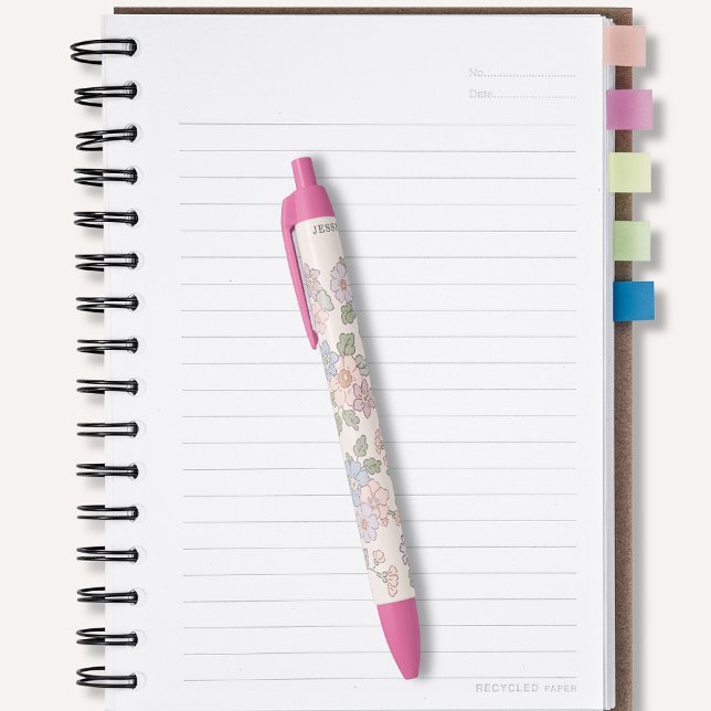 Stylo Noir Fleurs pastel sur l'arrière - plan rose clair (Créateur téléchargé)