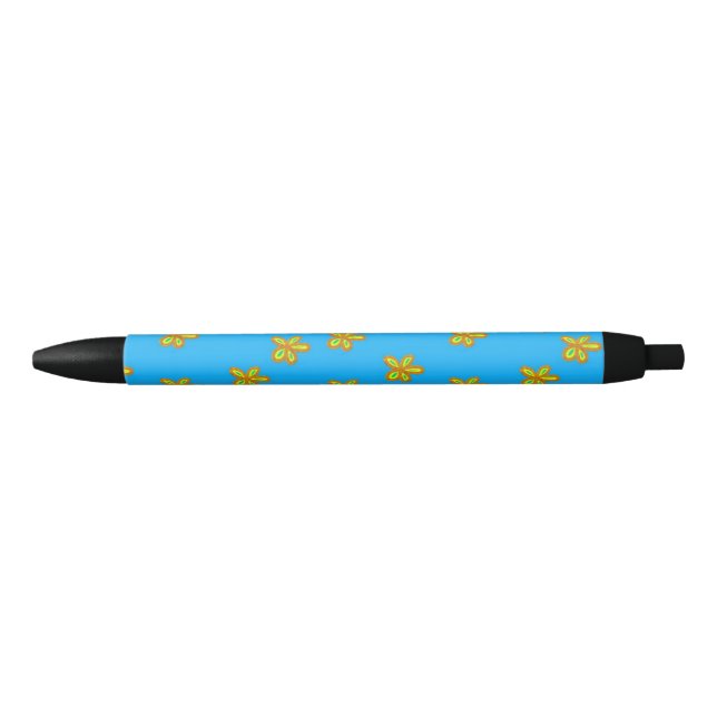 Stylo Noir fleurs peintes en bleu (Devant)