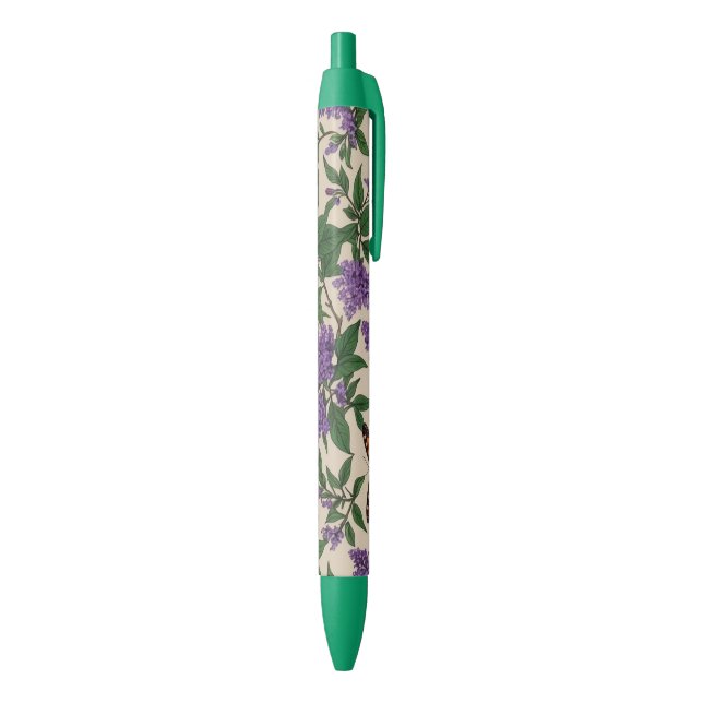 Stylo Noir Fleurs pourpres et papillons (Bas (Vertical))